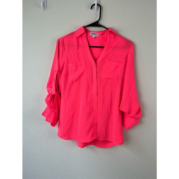 COPY - Express Portofino Neon bright  Pink Button Down Blouse Top - Picture 1 of 4